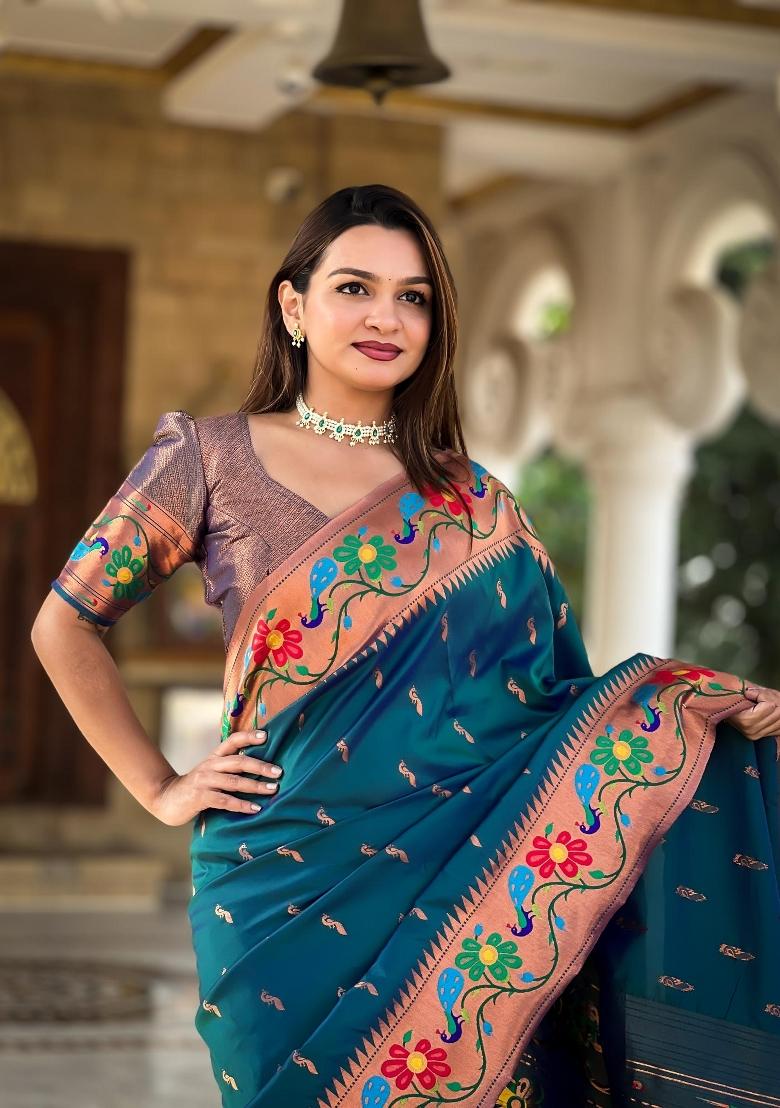 Teal Zari Woven Silk Saree Set - Indya