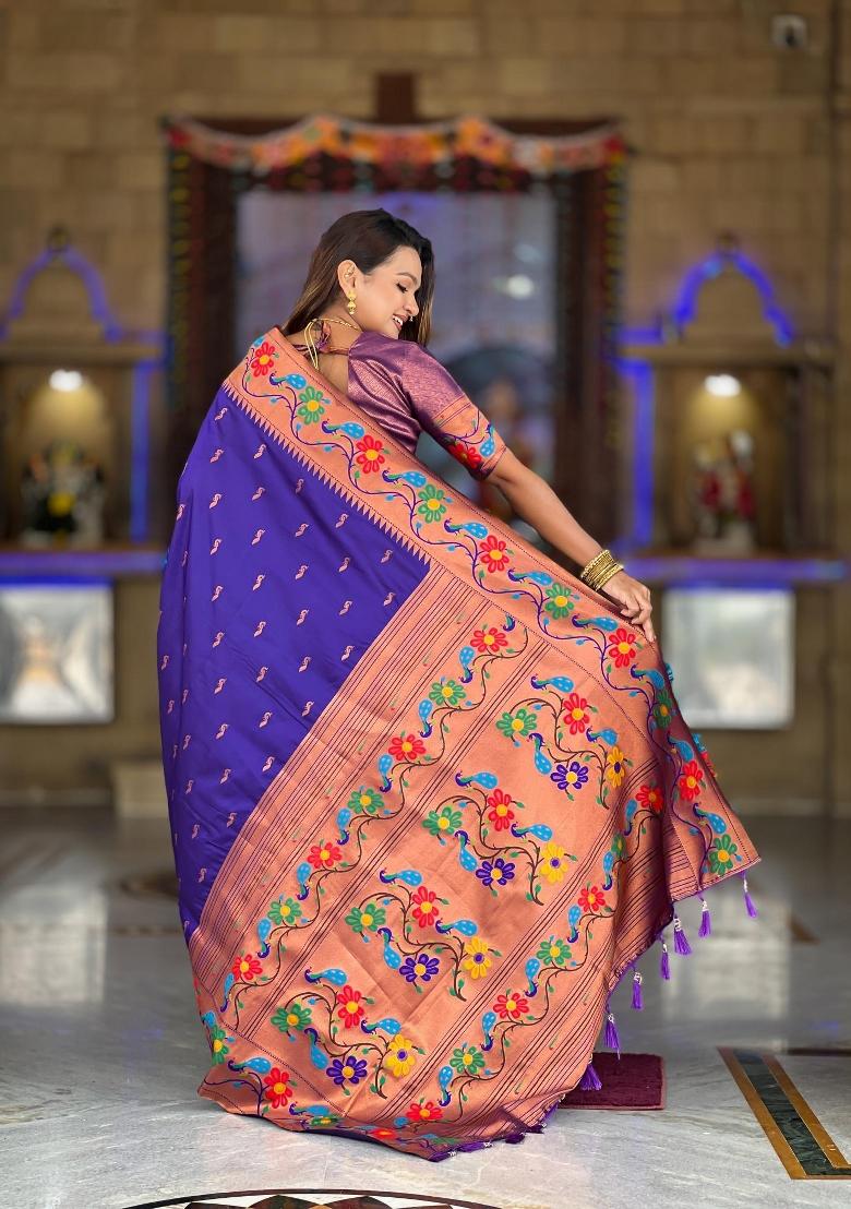 Violet Zari Woven Silk Saree Set - Indya