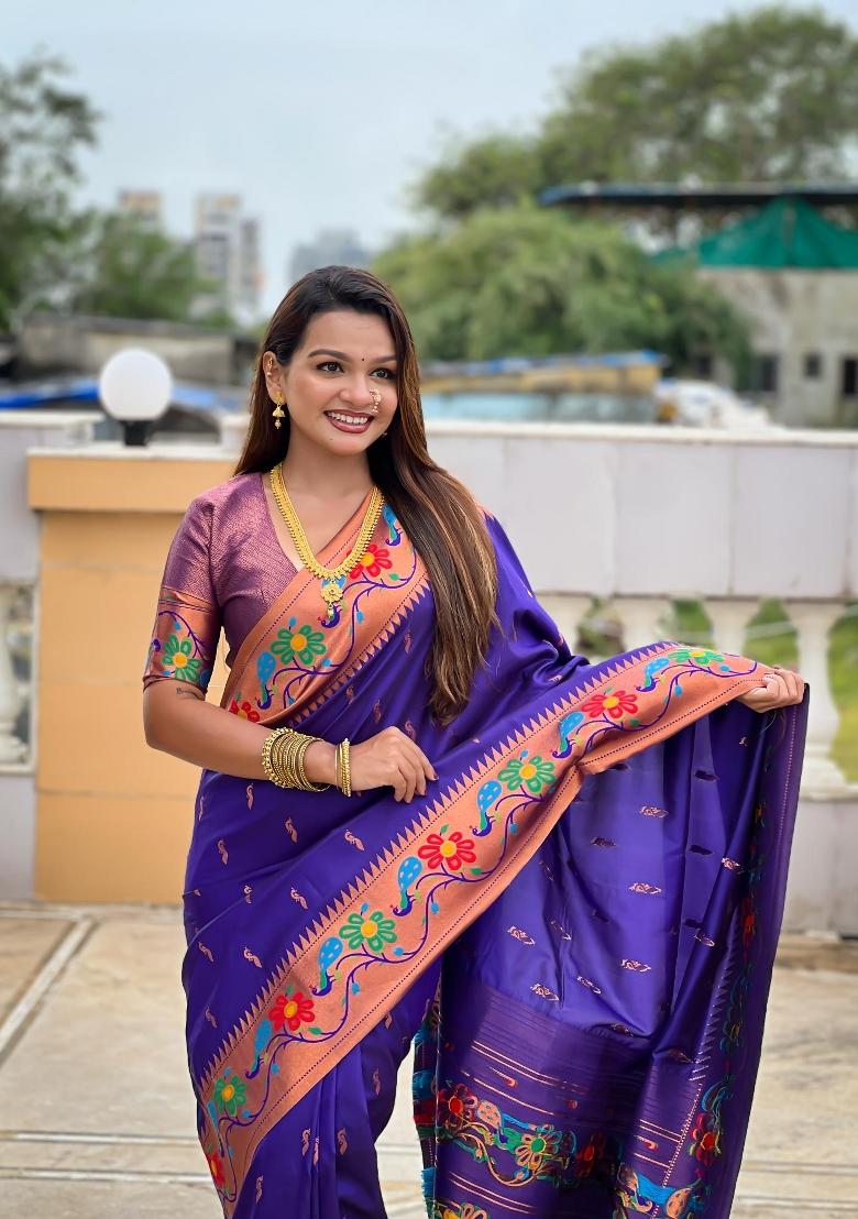 Violet Zari Woven Silk Saree Set - Indya