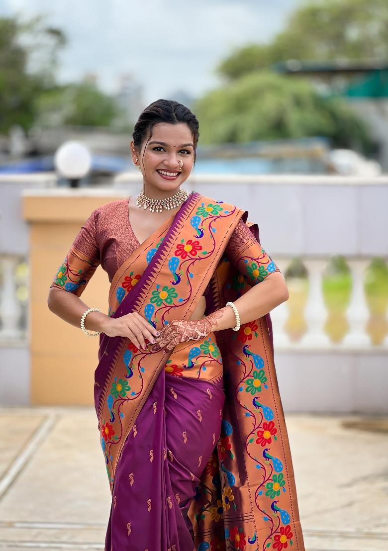 Wine Zari Woven Silk Saree Set - Indya