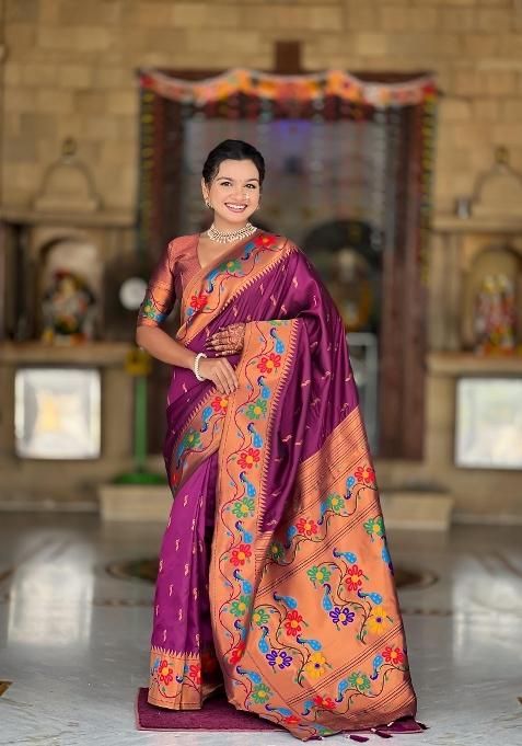 Wine Zari Woven Silk Saree Set — view on Indya