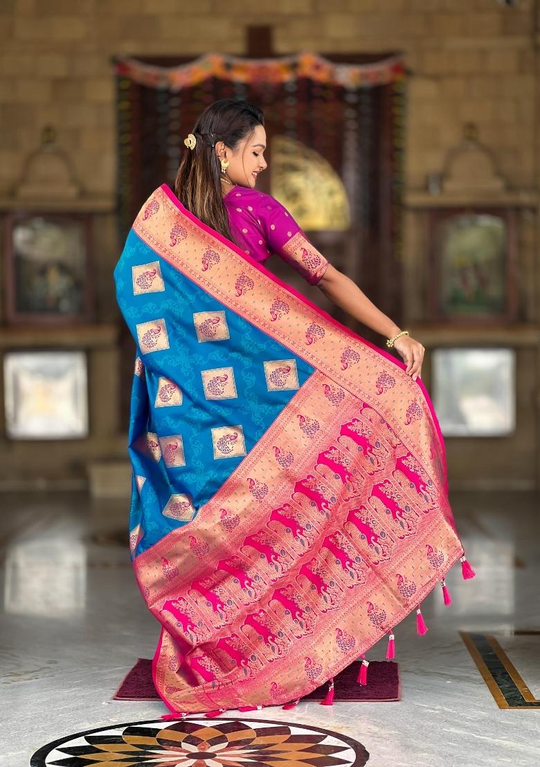 Light Green Zari Woven Silk Saree Set - Indya