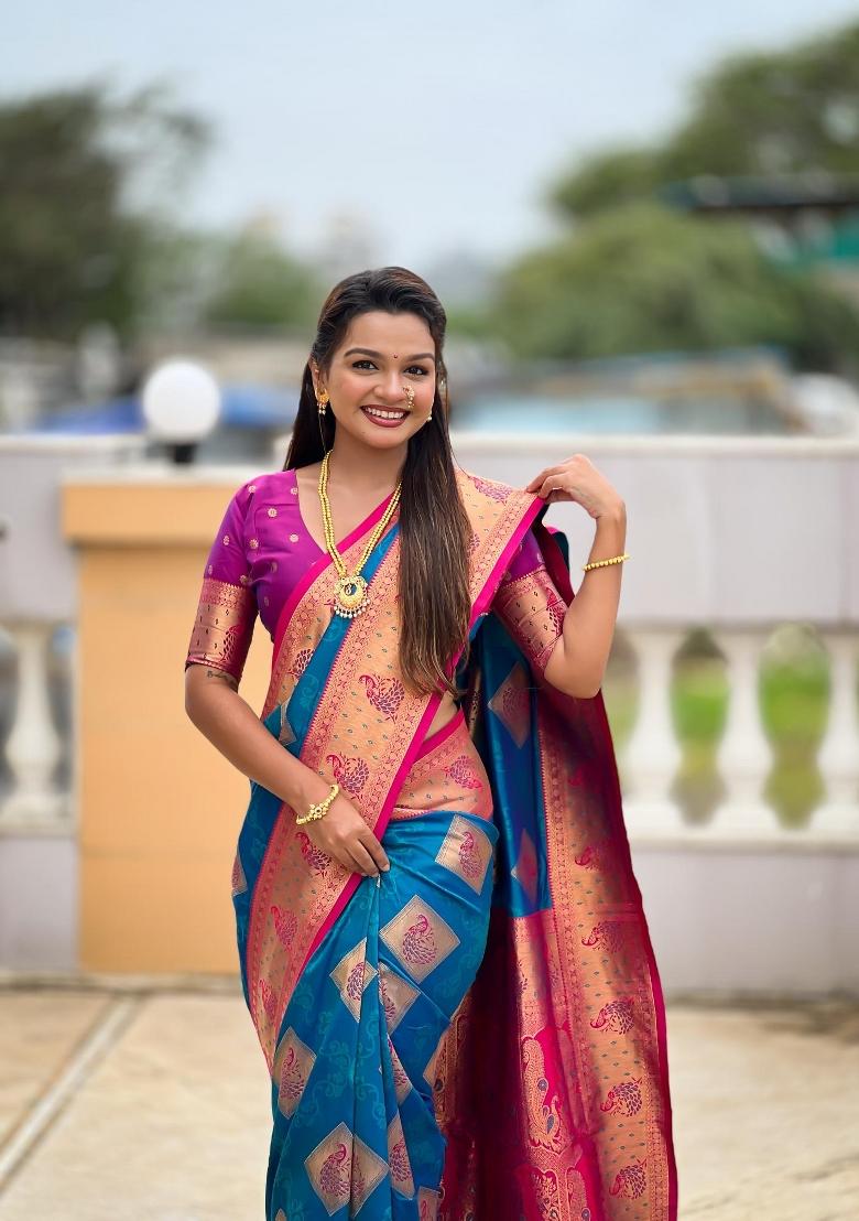 Light Green Zari Woven Silk Saree Set - Indya