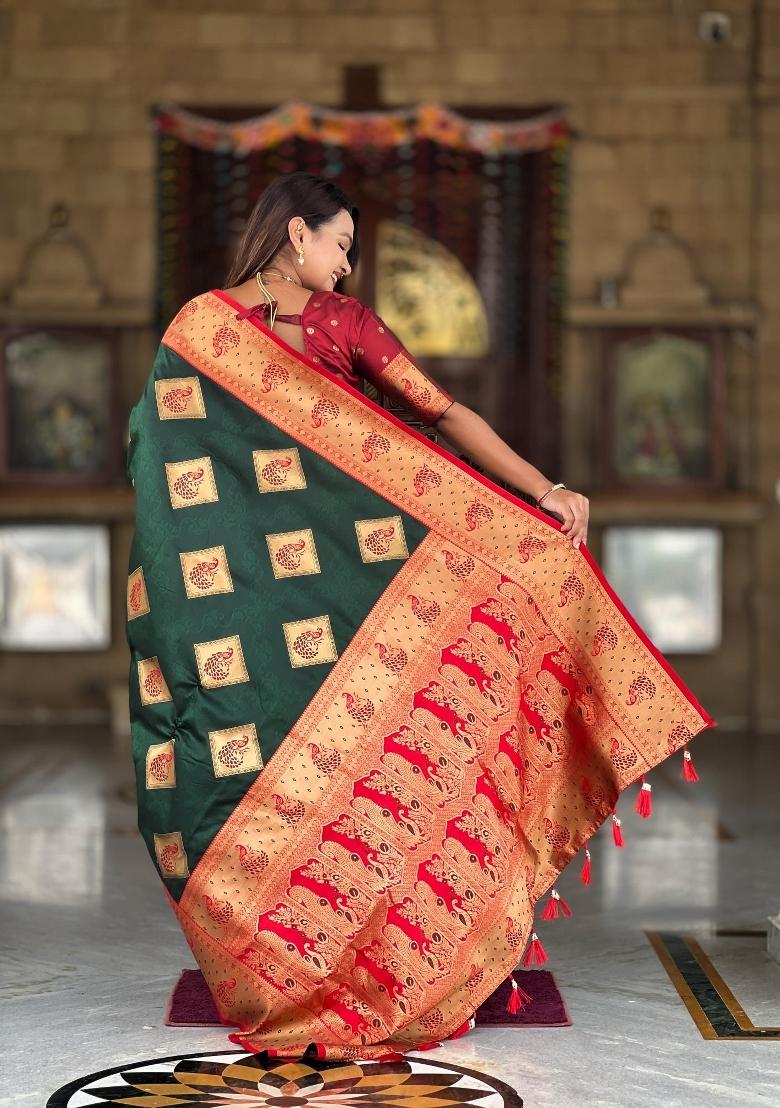Green Zari Woven Silk Saree Set - Indya