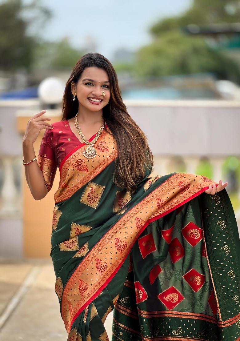 Green Zari Woven Silk Saree Set - Indya