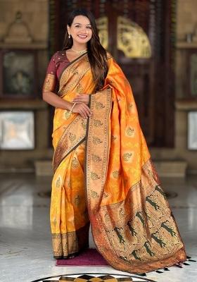 Mustard Zari Woven Silk Saree Set