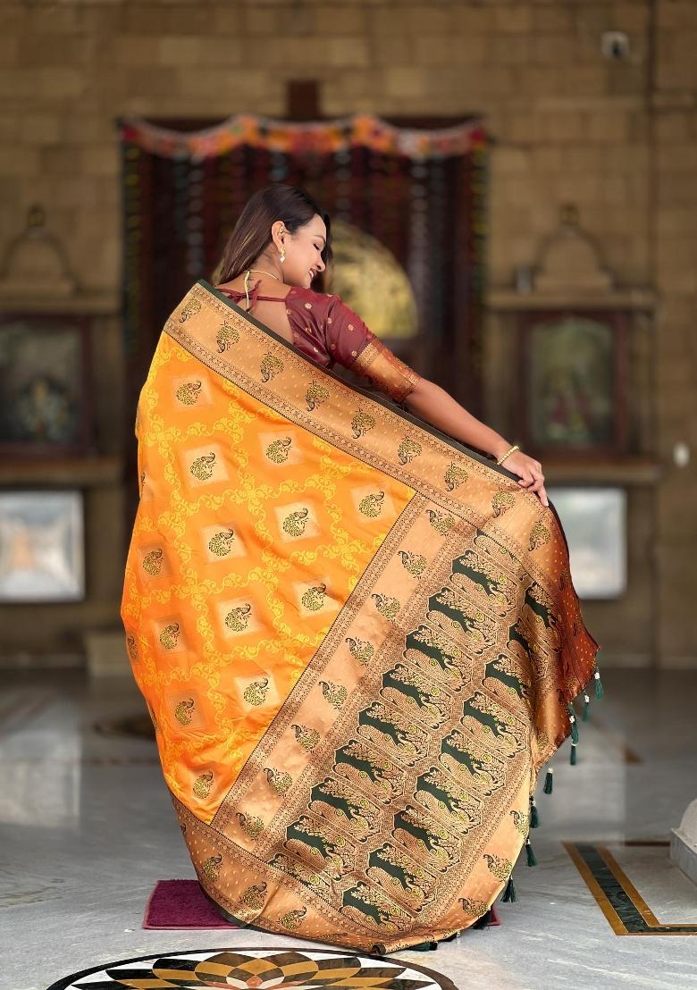 Mustard Zari Woven Silk Saree Set - Indya