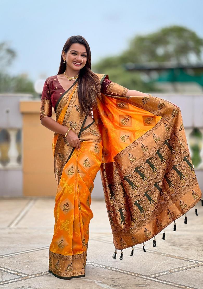 Mustard Zari Woven Silk Saree Set - Indya