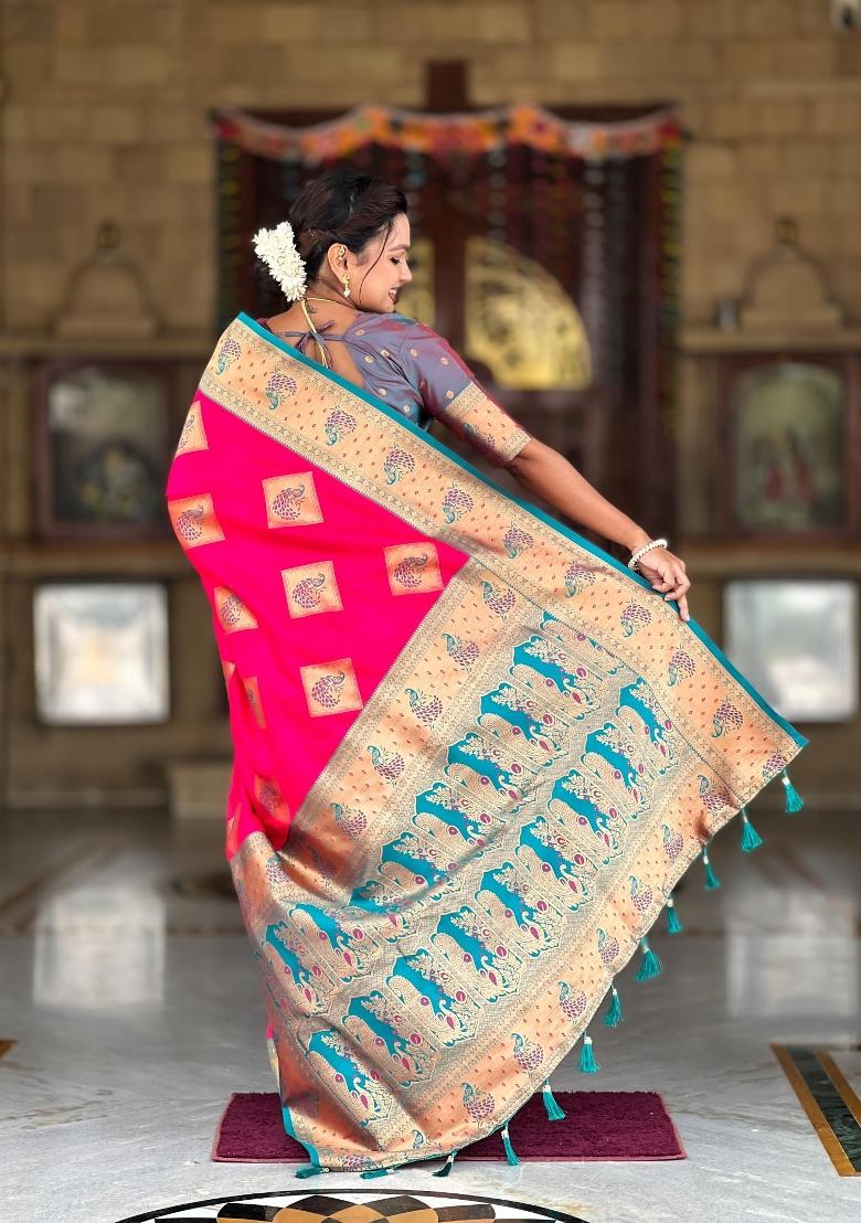 Pink Zari Woven Silk Saree Set - Indya