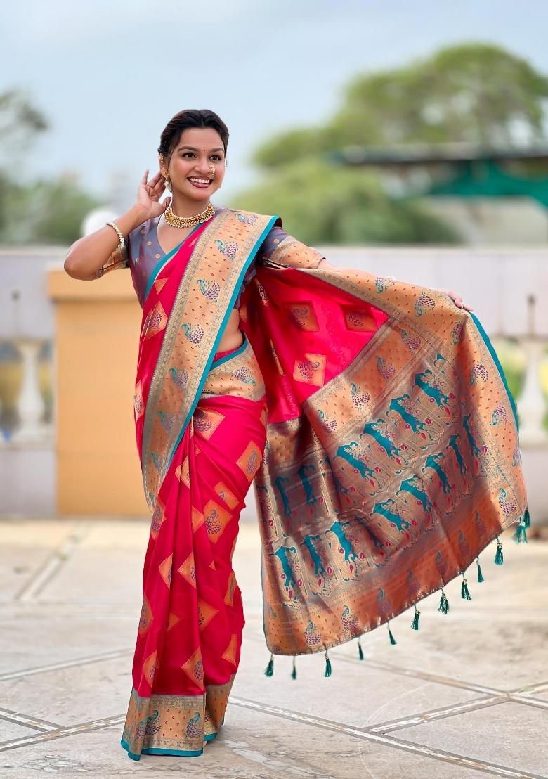Pink Zari Woven Silk Saree Set - Indya