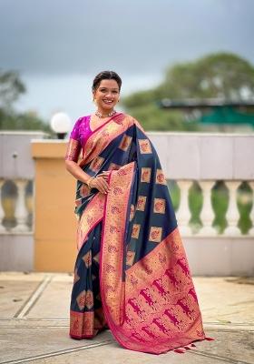 Teal Zari Woven Silk Saree Set