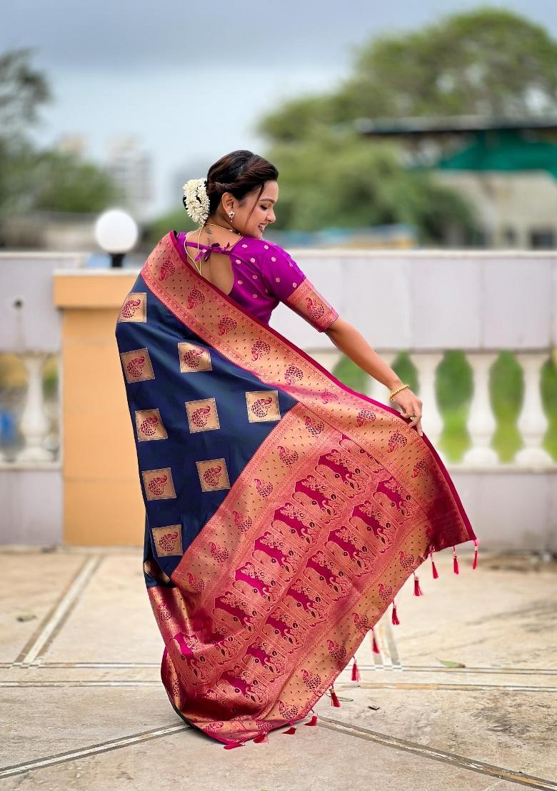 Teal Zari Woven Silk Saree Set - Indya