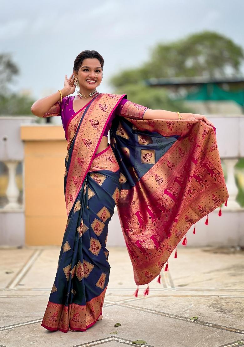 Teal Zari Woven Silk Saree Set - Indya