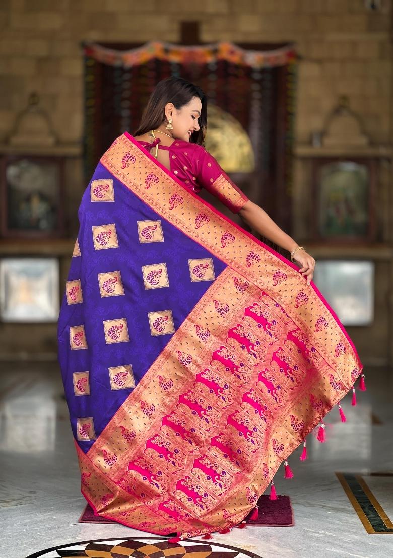 Violet Zari Woven Silk Saree Set - Indya