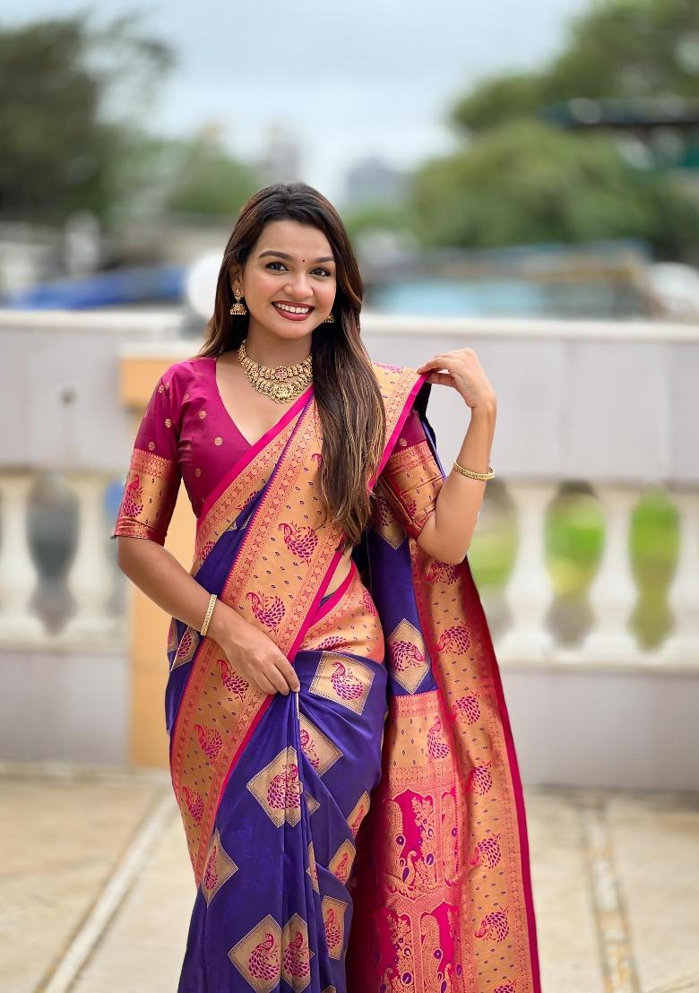Violet Zari Woven Silk Saree Set - Indya