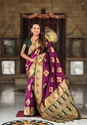 Wine Zari Woven Silk Saree Set