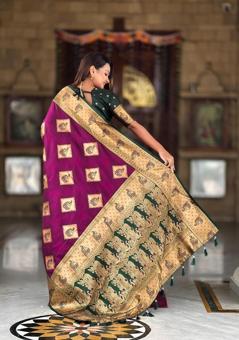 Wine Zari Woven Silk Saree Set - Indya