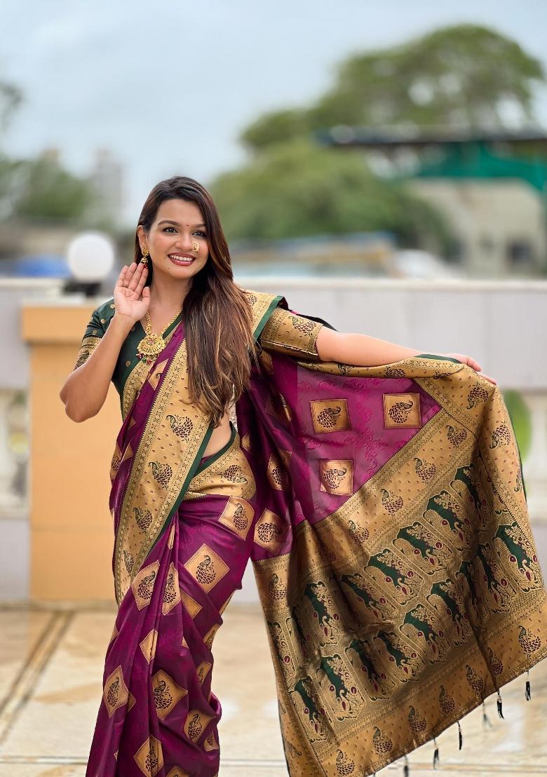 Wine Zari Woven Silk Saree Set - Indya
