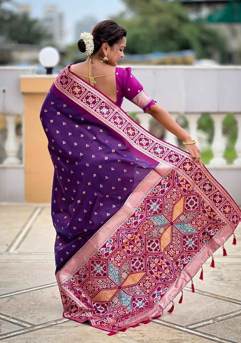 Magenta Zari Woven Silk Saree Set - Indya