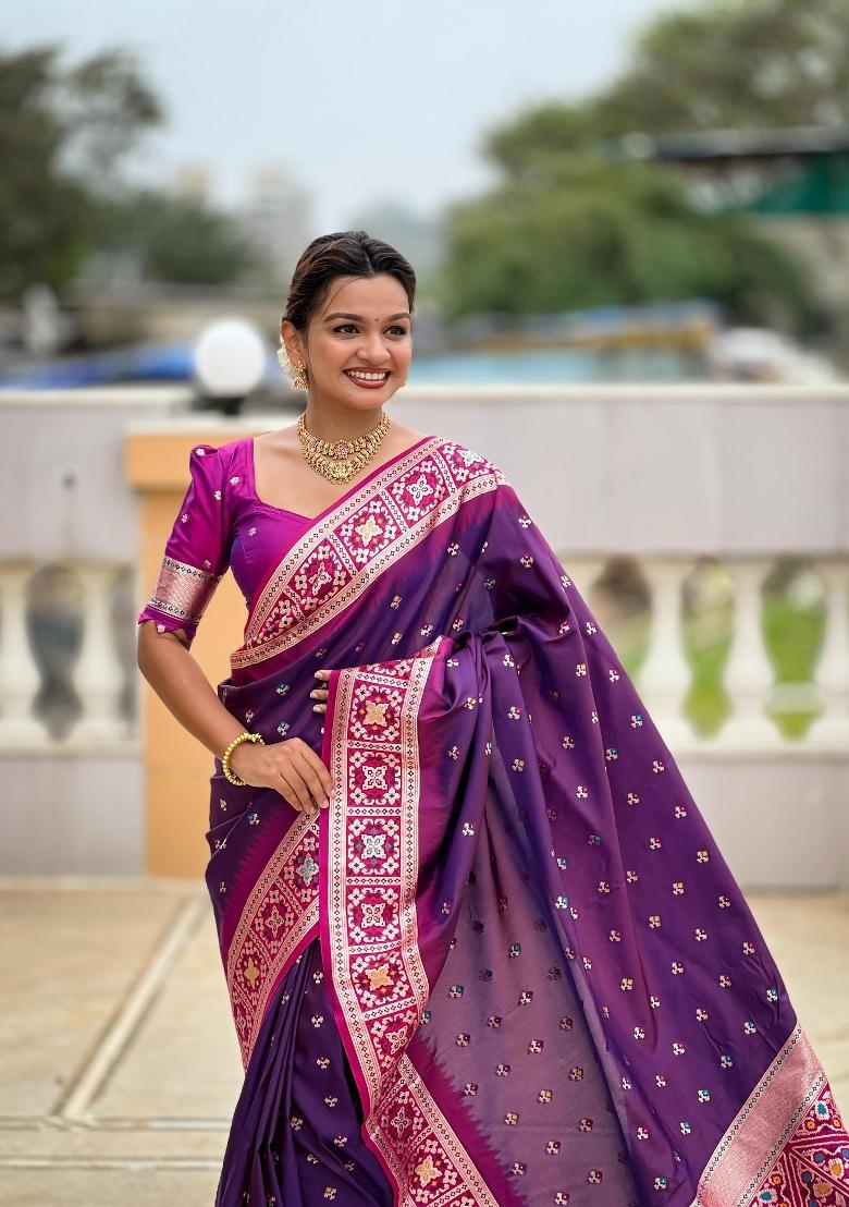 Magenta Zari Woven Silk Saree Set - Indya