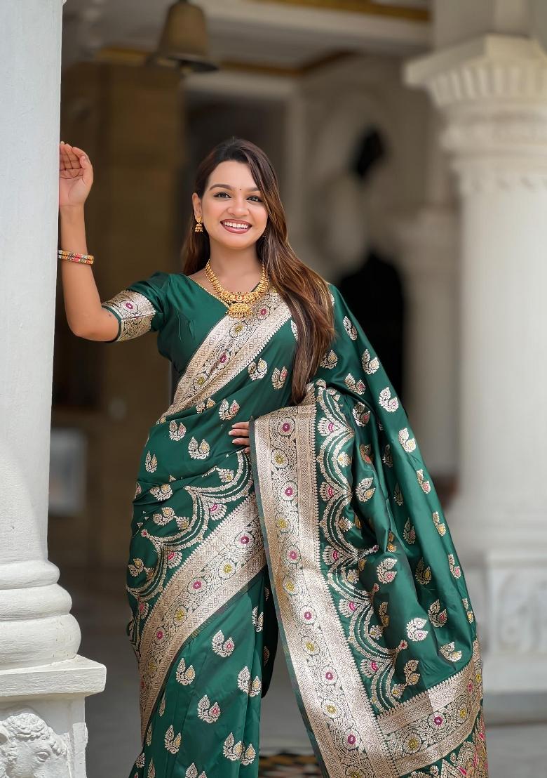 Green Zari Woven Silk Saree Set - Indya
