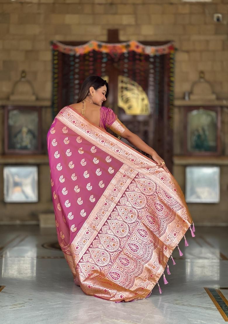 Pink Zari Woven Silk Saree Set - Indya