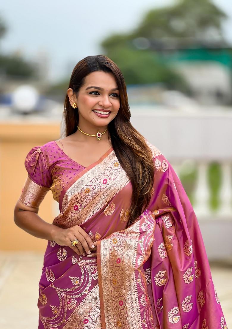 Pink Zari Woven Silk Saree Set - Indya