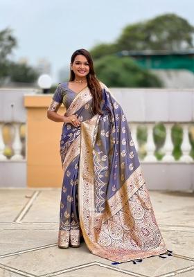 Grey Zari Woven Silk Saree Set