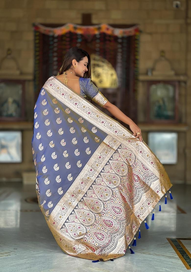 Grey Zari Woven Silk Saree Set - Indya