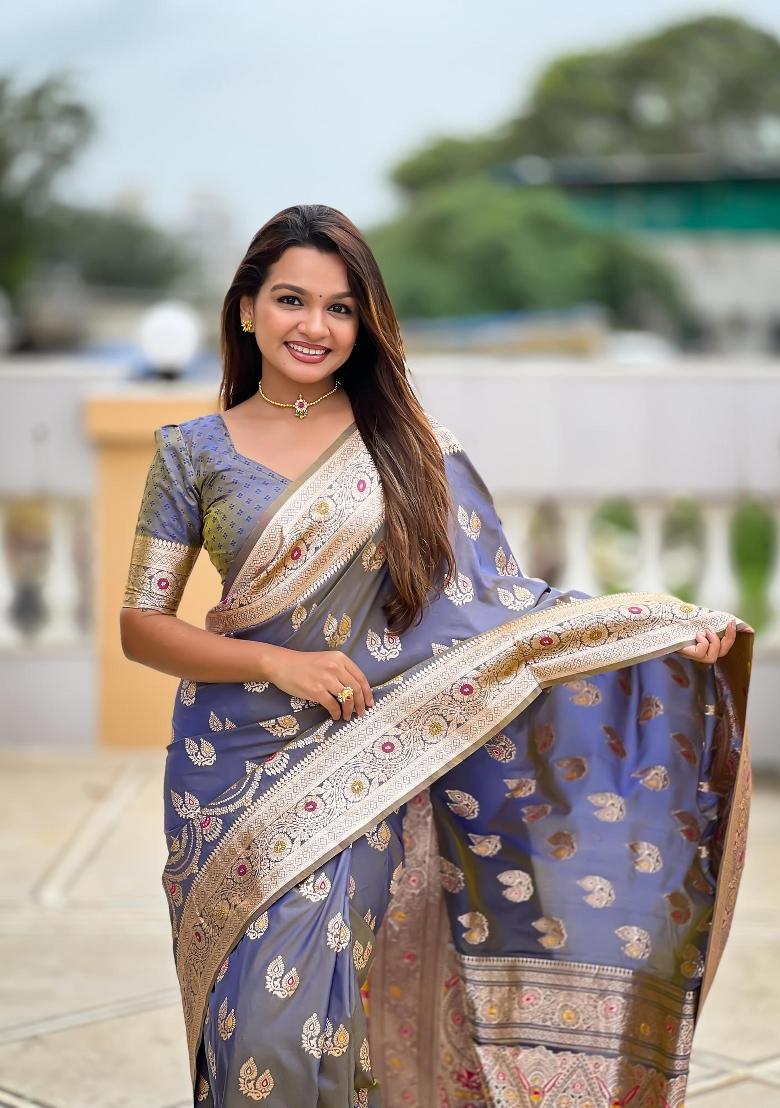 Grey Zari Woven Silk Saree Set - Indya