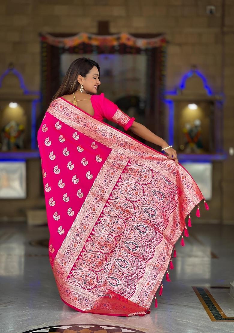 Pink Zari Woven Silk Saree Set - Indya