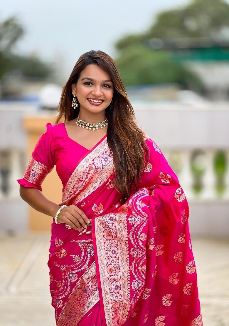 Pink Zari Woven Silk Saree Set - Indya