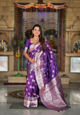 Purple Zari Woven Silk Saree Set