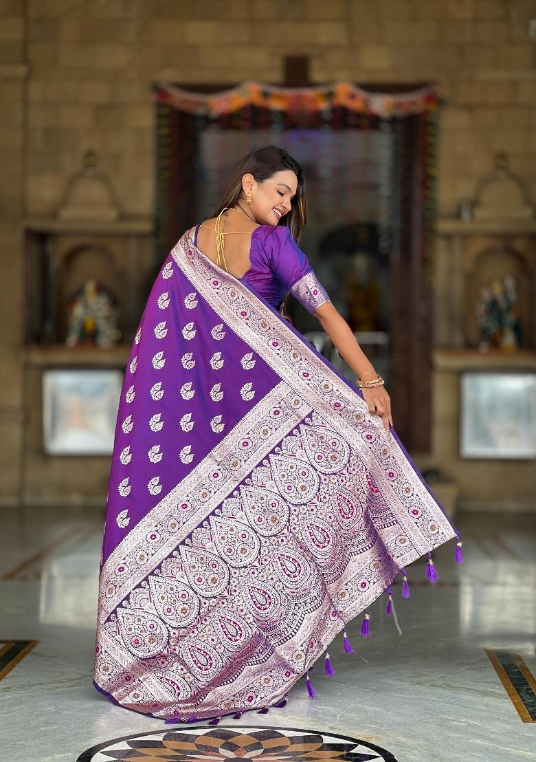 Purple Zari Woven Silk Saree Set - Indya