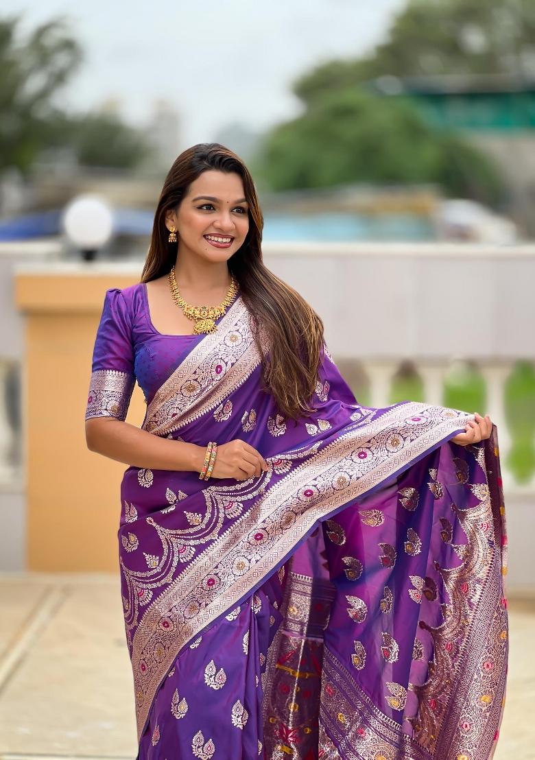 Purple Zari Woven Silk Saree Set - Indya
