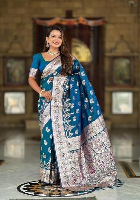 Teal Zari Woven Silk Saree Set