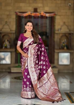 Wine Zari Woven Silk Saree Set