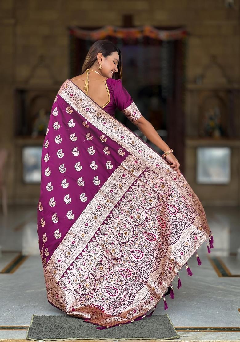Wine Zari Woven Silk Saree Set - Indya