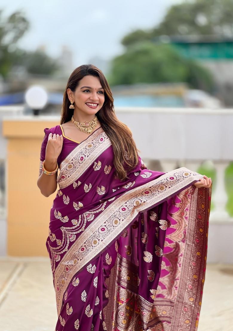 Wine Zari Woven Silk Saree Set - Indya