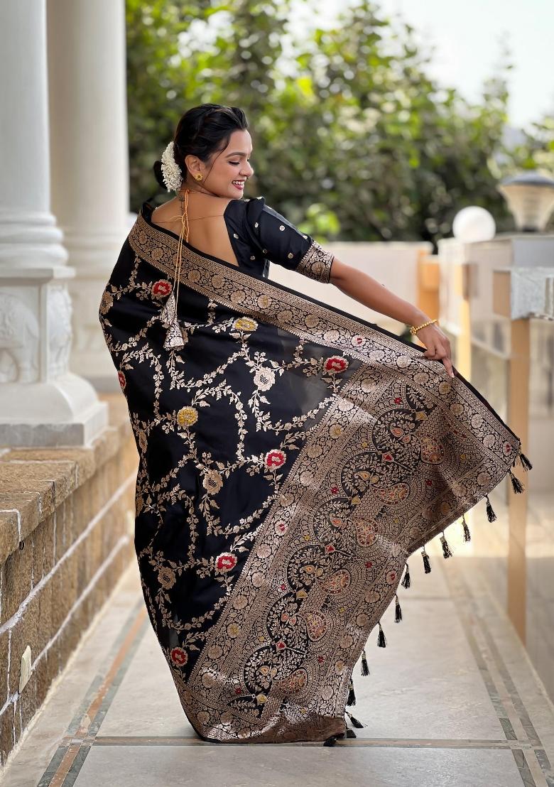 Black Zari Woven Silk Saree Set - Indya
