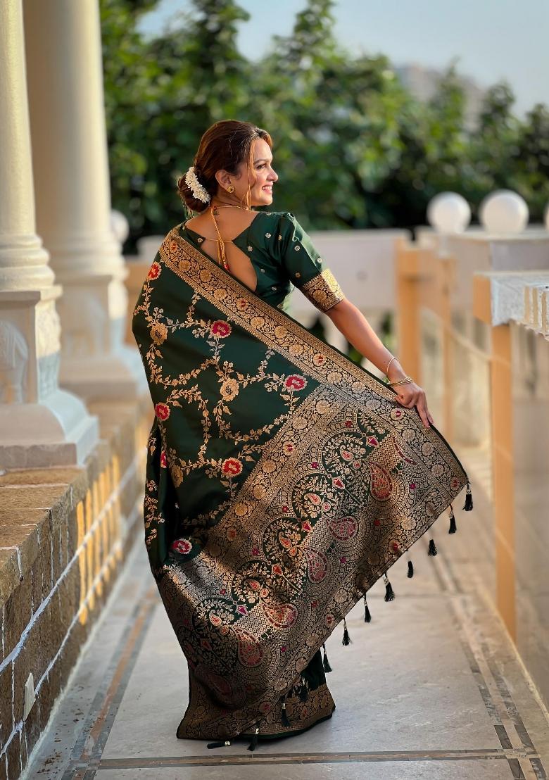 Green Zari Woven Silk Saree Set - Indya