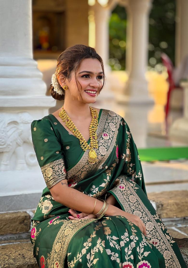 Green Zari Woven Silk Saree Set - Indya
