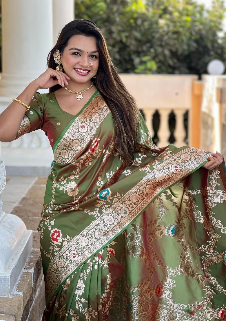 Mehendi Zari Woven Silk Saree Set - Indya