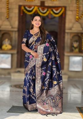 Navy Blue Zari Woven Silk Saree Set