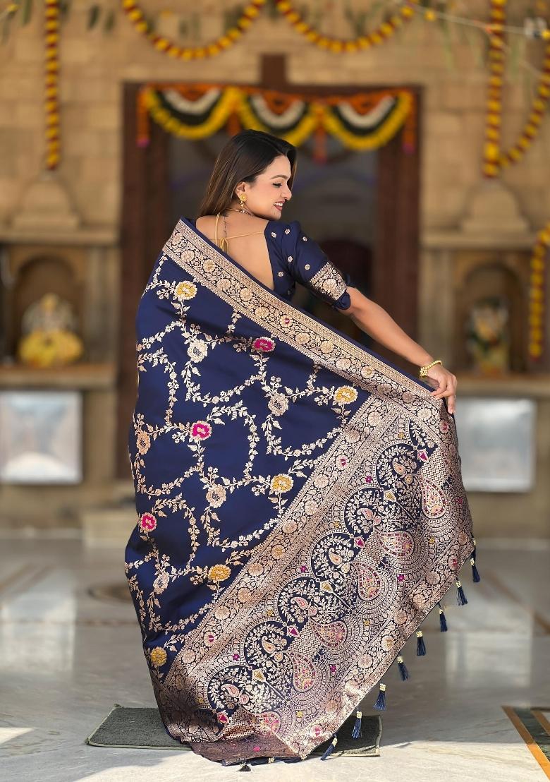 Navy Blue Zari Woven Silk Saree Set - Indya