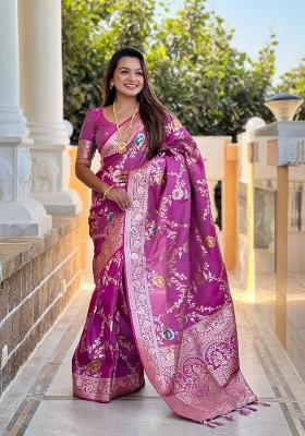 Onion Pink Zari Woven Silk Saree Set