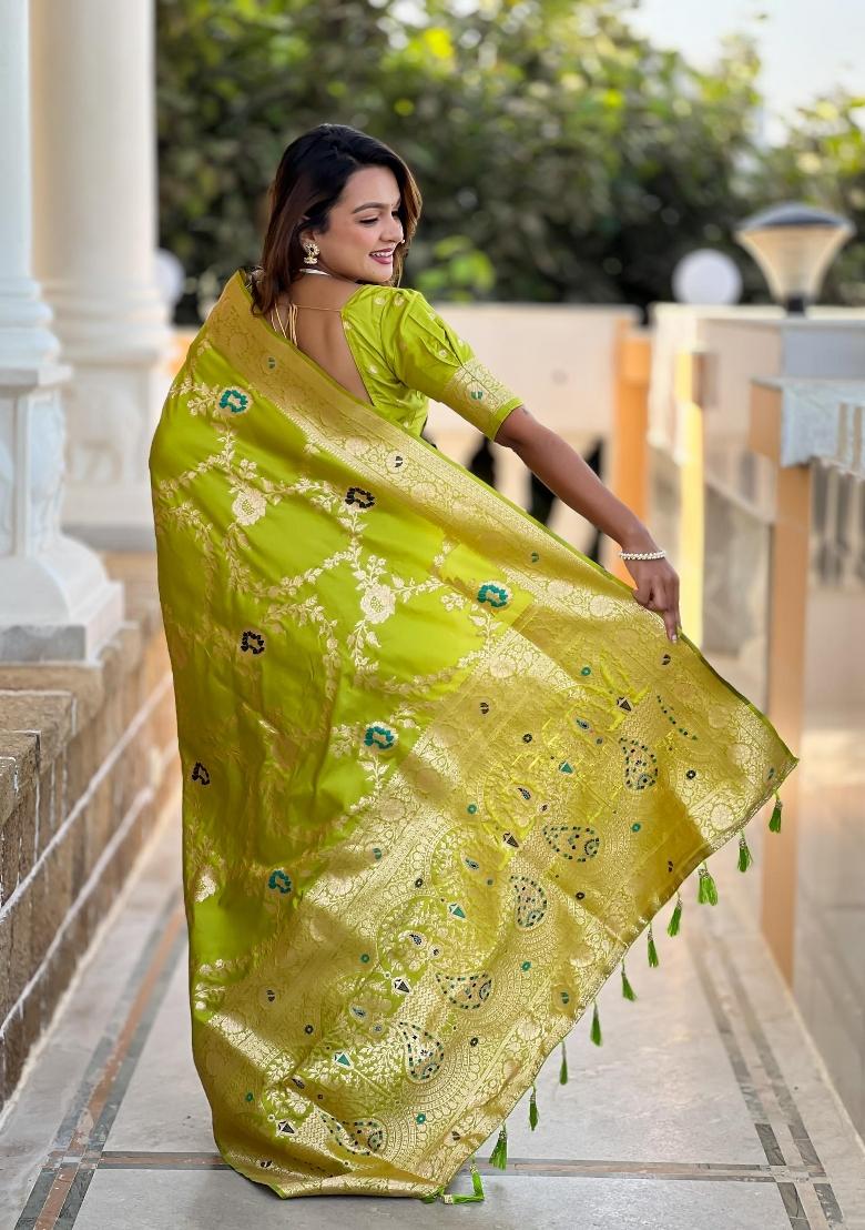 Green Zari Woven Silk Saree Set - Indya