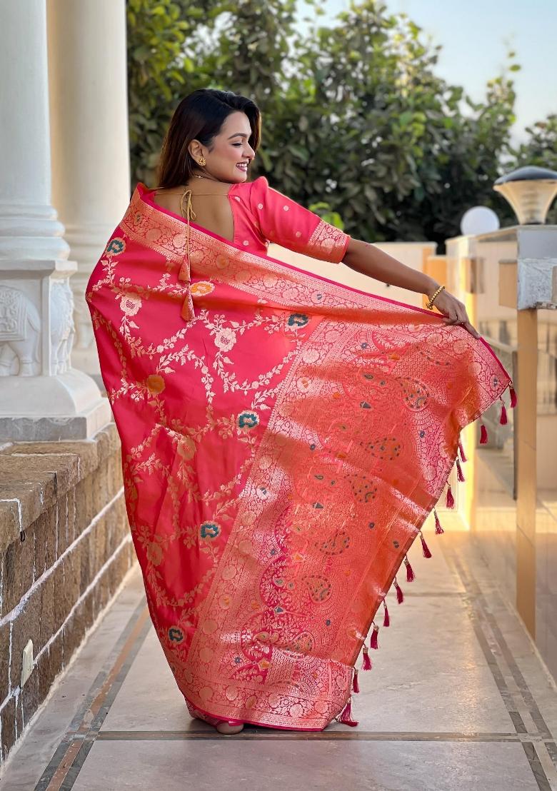 Pink Zari Woven Silk Saree Set - Indya