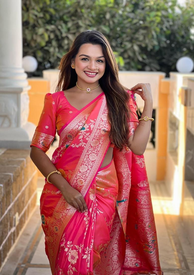 Pink Zari Woven Silk Saree Set - Indya