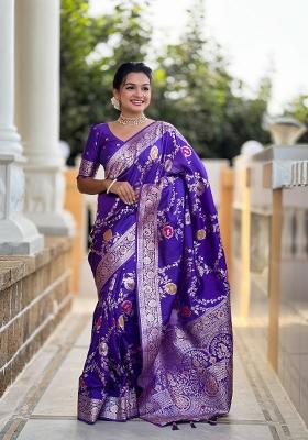 Purple Zari Woven Silk Saree Set